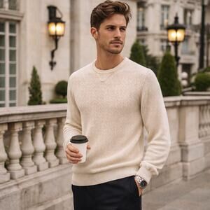 REISS Mens Sz S Cream Waffle Crewneck Sweatshirt Long Sleeve Thermal Top Neutral